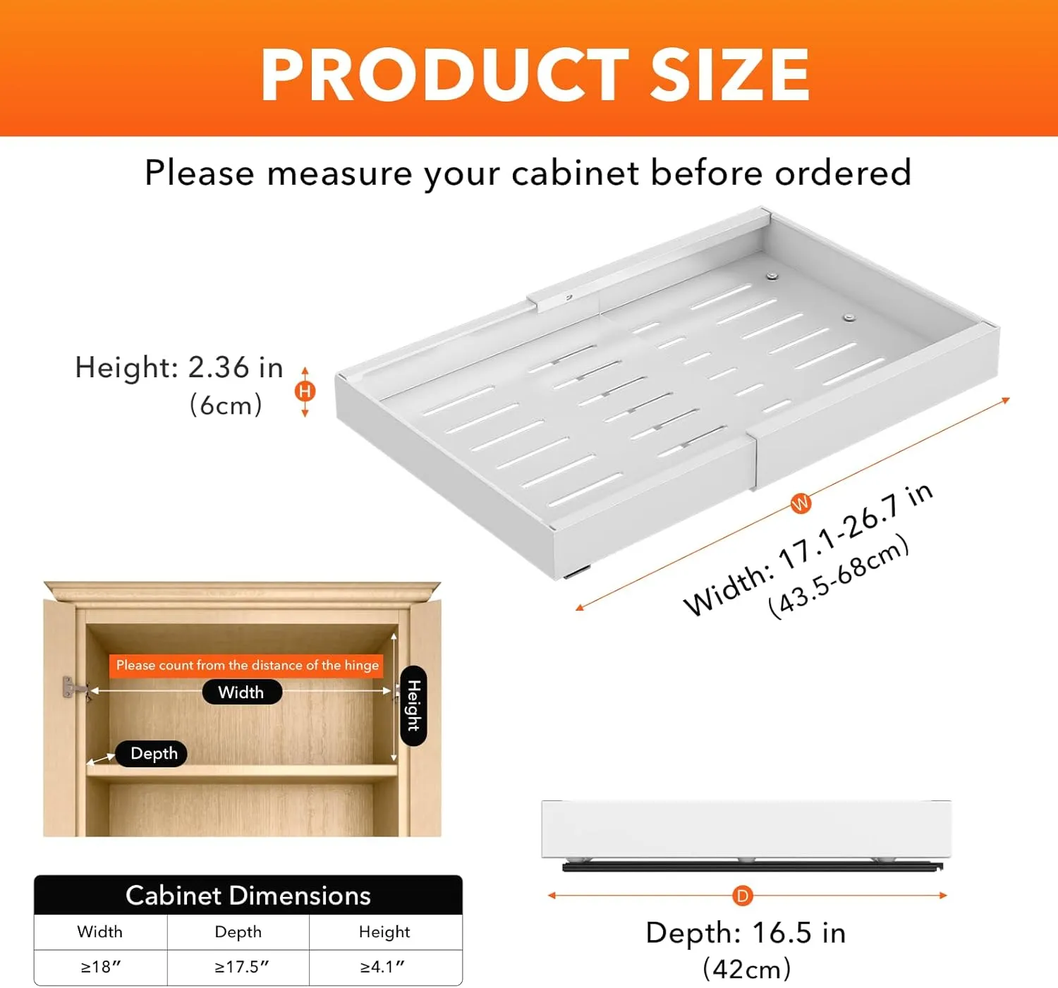 Large Pull Out Cabinet Organizer, No Drill Cabinet Drawers Expandable(16.5"-26.7") Slide Roll Out Shelves Drawers for Kitchen Cabinets, Pots and Pans Organizer Pantry (White,1Pcs)