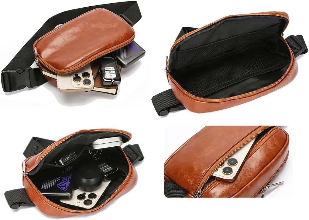 Leather Fanny Pack Bag for Women, Chain Belt Bag Chest Purse Fashionable Crossbody Waist Bags Handbag for Everyday Use Trip Walking Hiking