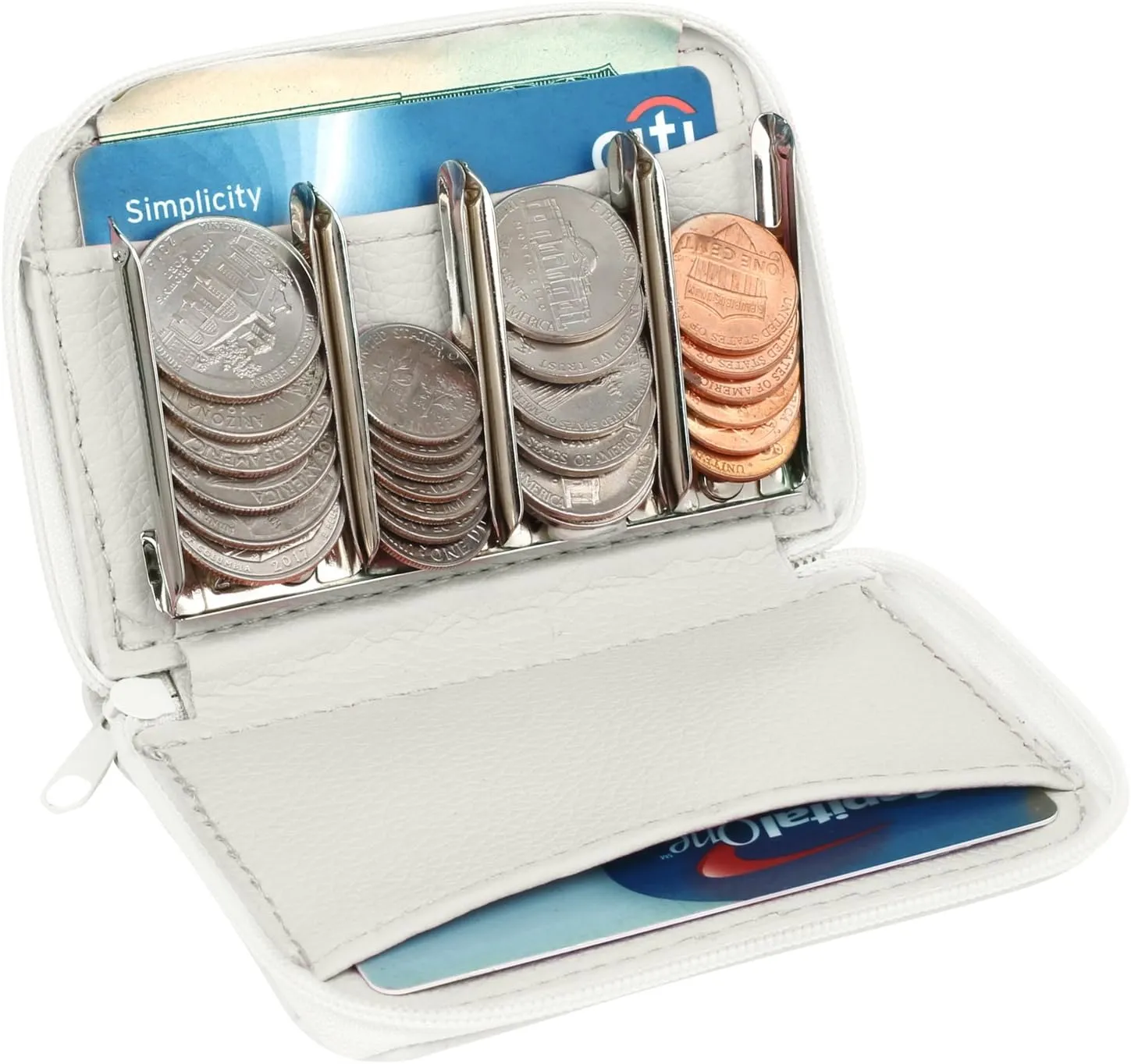 Leather looking Wallet with Metal Coin Sorter Trusty Coin Pouch Pocket Purse Or Car For Quick Change (white)