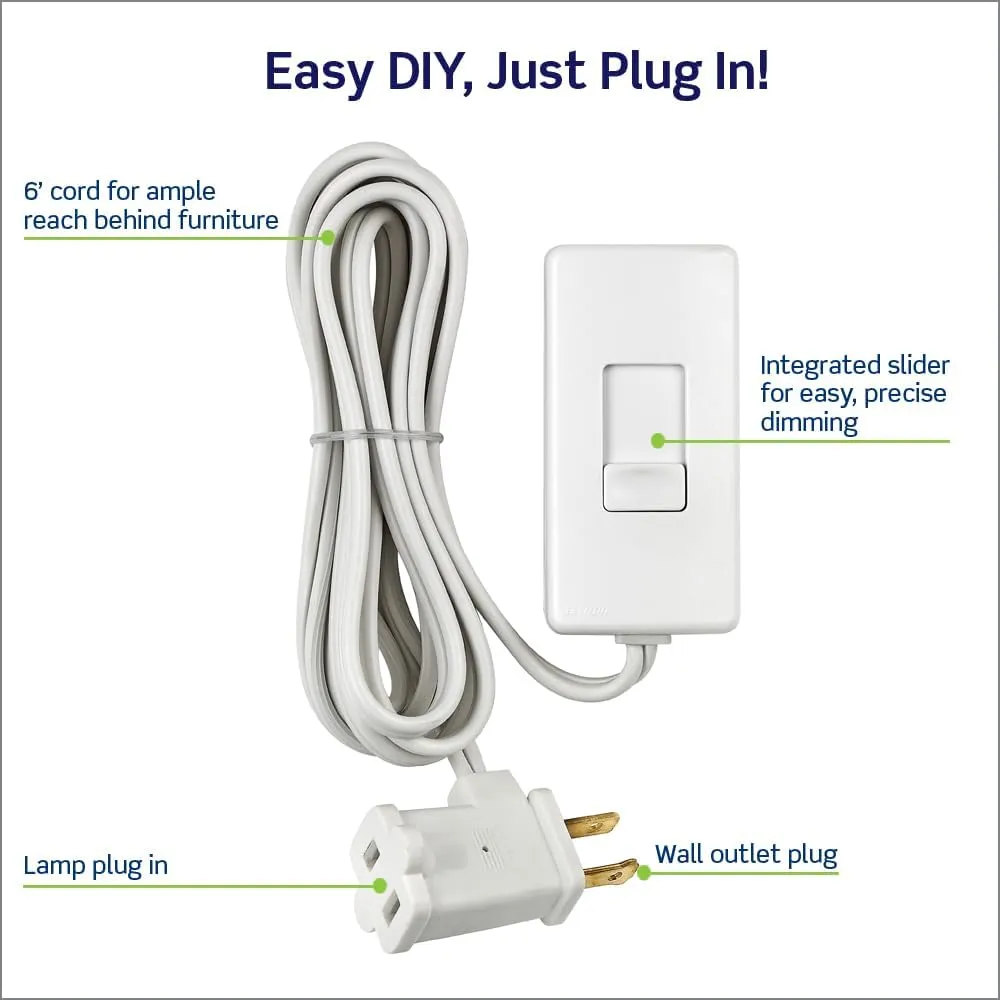 Leviton Table Top Plug in Lamp Dimmer for Dimmable LED, Halogen and Incandescent Bulbs, TBL03-10W, White
