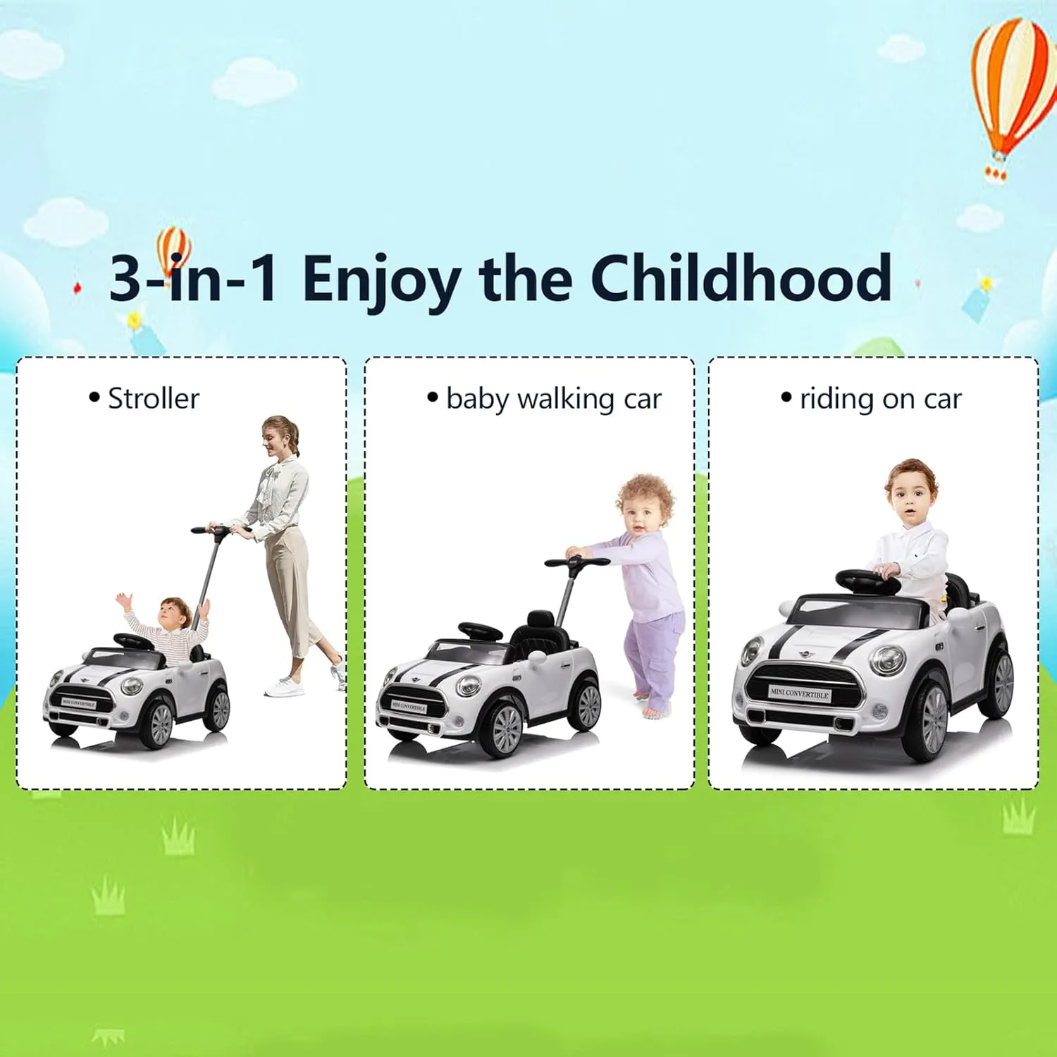 Licensed Mini Cooper Kids Ride On Car - Toddler Push Car Toy With Adjustable Rod, Horn Music, Seat Belt - Ideal Stroller Substitute for 1-3 Years Old