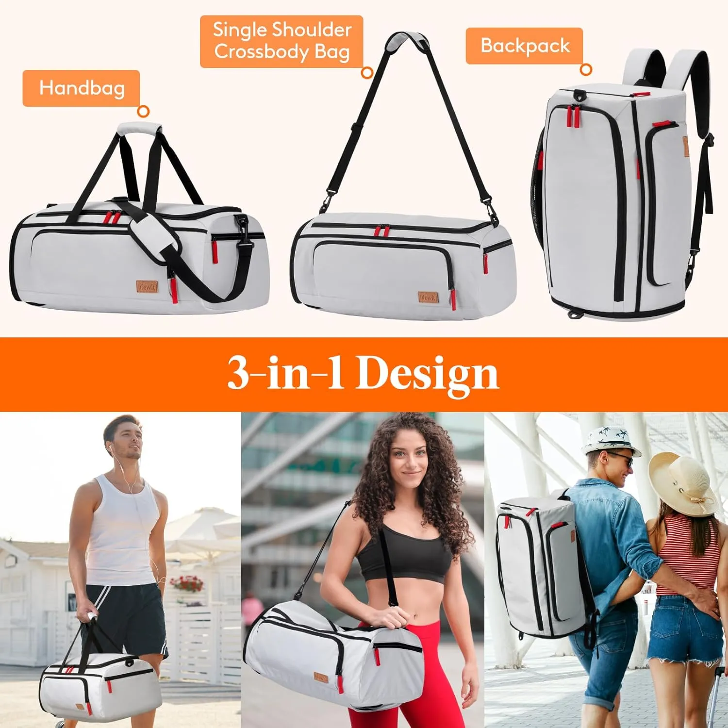 Lifewit Gym Bag for Men & Women with Shoe Compartment, 40L Carry On Duffle Bag for Travel, 3 In 1 Waterproof Weekender Workout Overnight Sports Backpack with Dry and Wet Seperation, Silver Gray