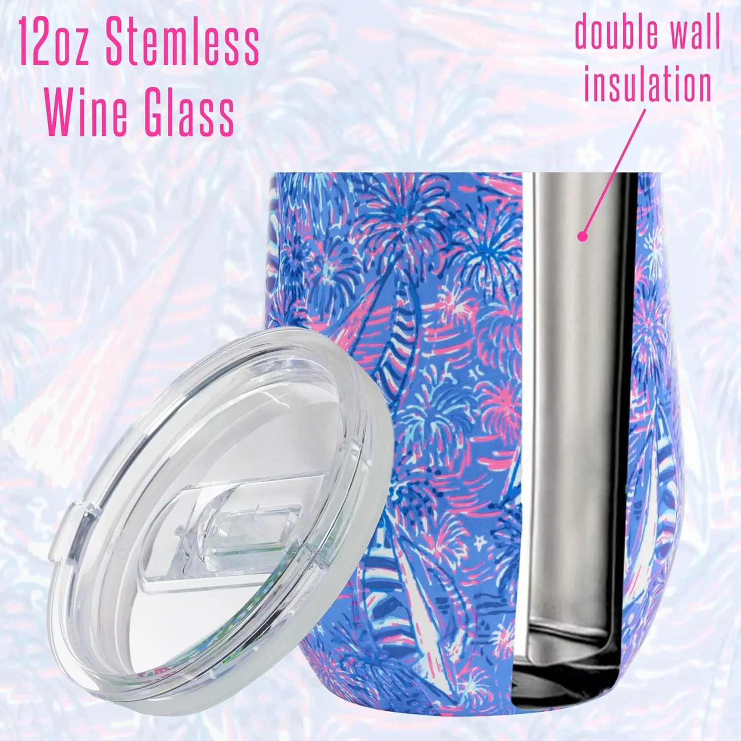 Lilly Pulitzer 12 Oz Insulated Tumbler with Lid, Stainless Steel Travel Wine Glass, Blue Double Wall Metal Cup, It's a Sailabration