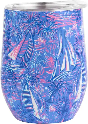 Lilly Pulitzer 12 Oz Insulated Tumbler with Lid, Stainless Steel Travel Wine Glass, Blue Double Wall Metal Cup, It's a Sailabration