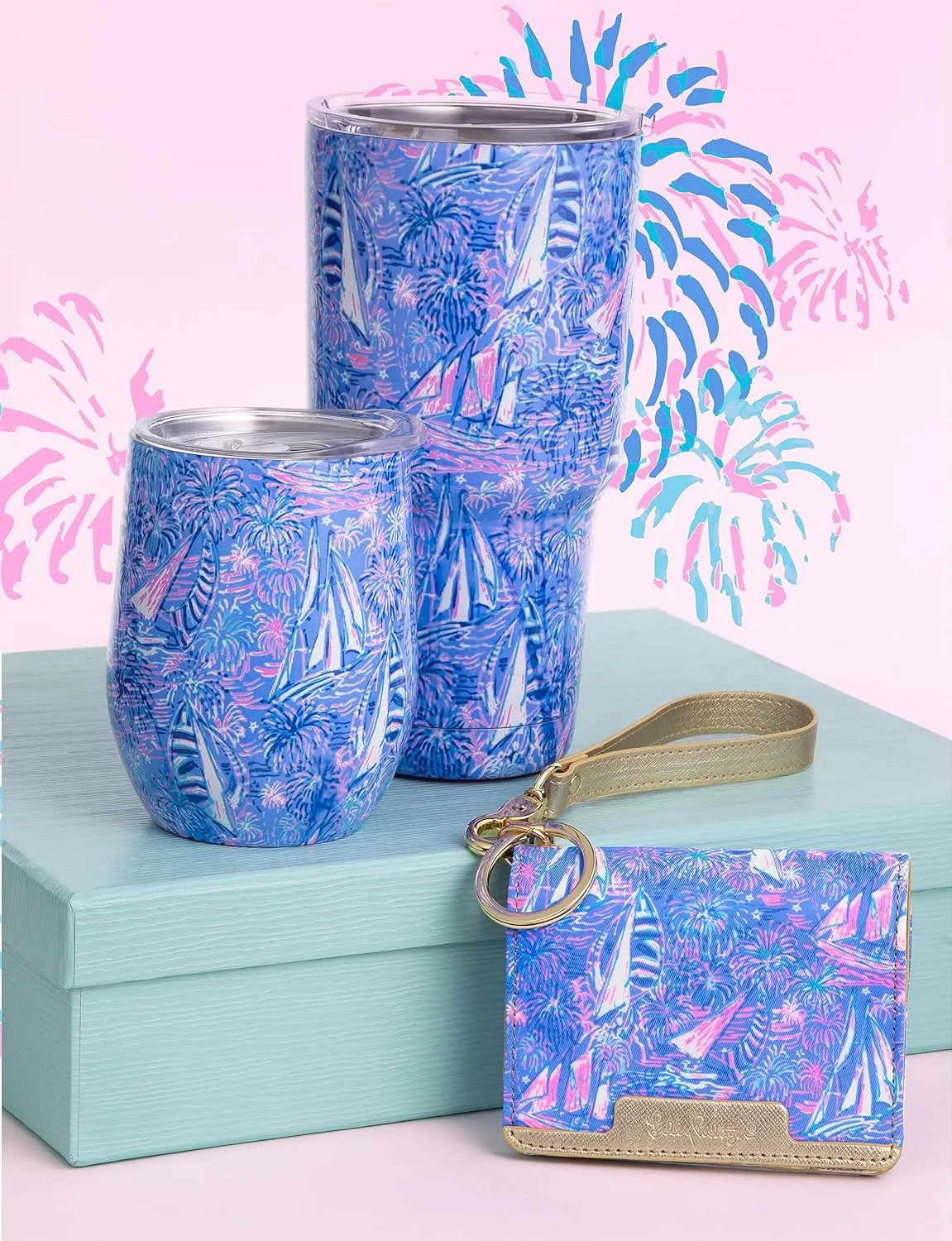 Lilly Pulitzer 12 Oz Insulated Tumbler with Lid, Stainless Steel Travel Wine Glass, Blue Double Wall Metal Cup, It's a Sailabration