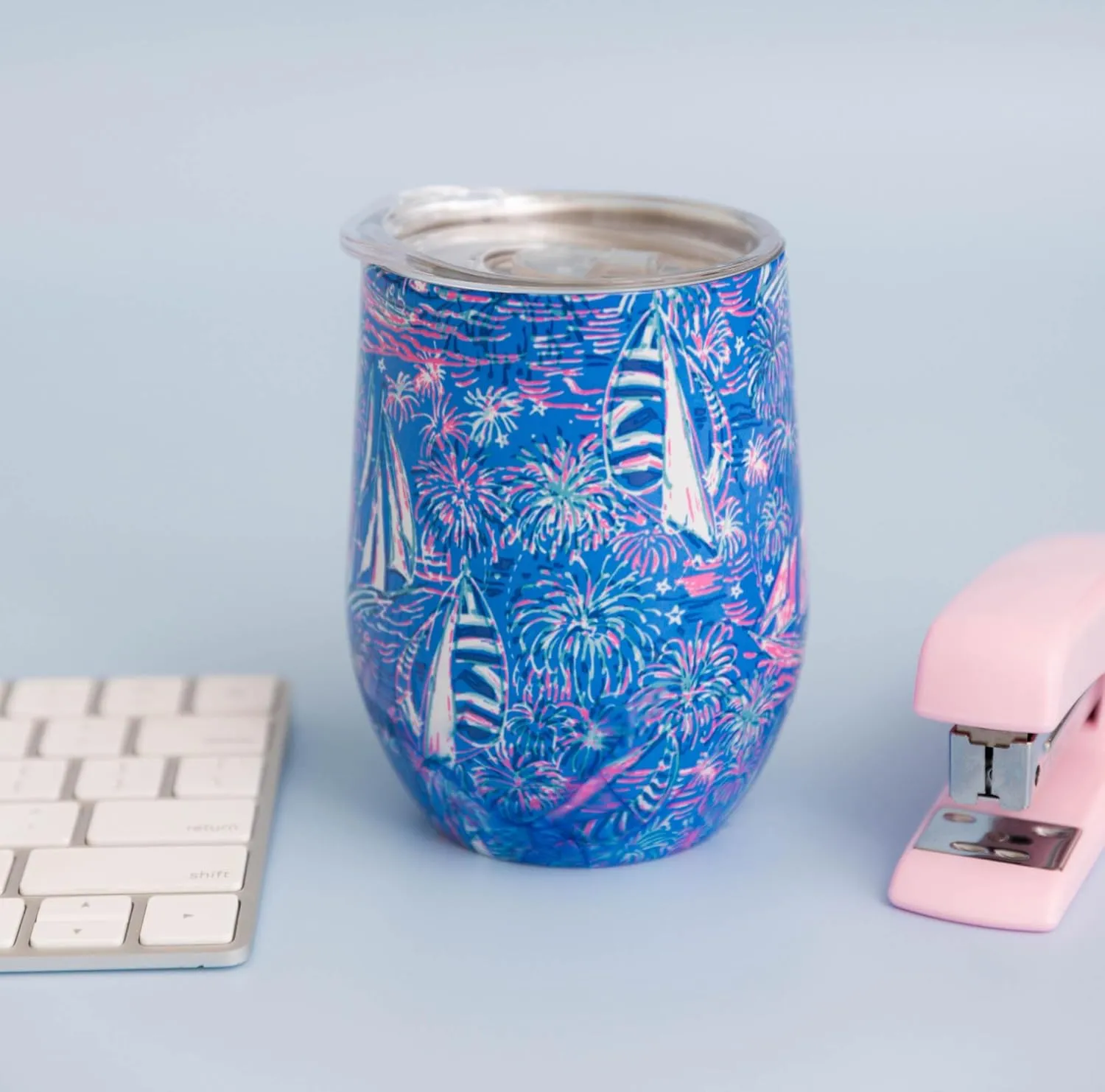 Lilly Pulitzer 12 Oz Insulated Tumbler with Lid, Stainless Steel Travel Wine Glass, Blue Double Wall Metal Cup, It's a Sailabration