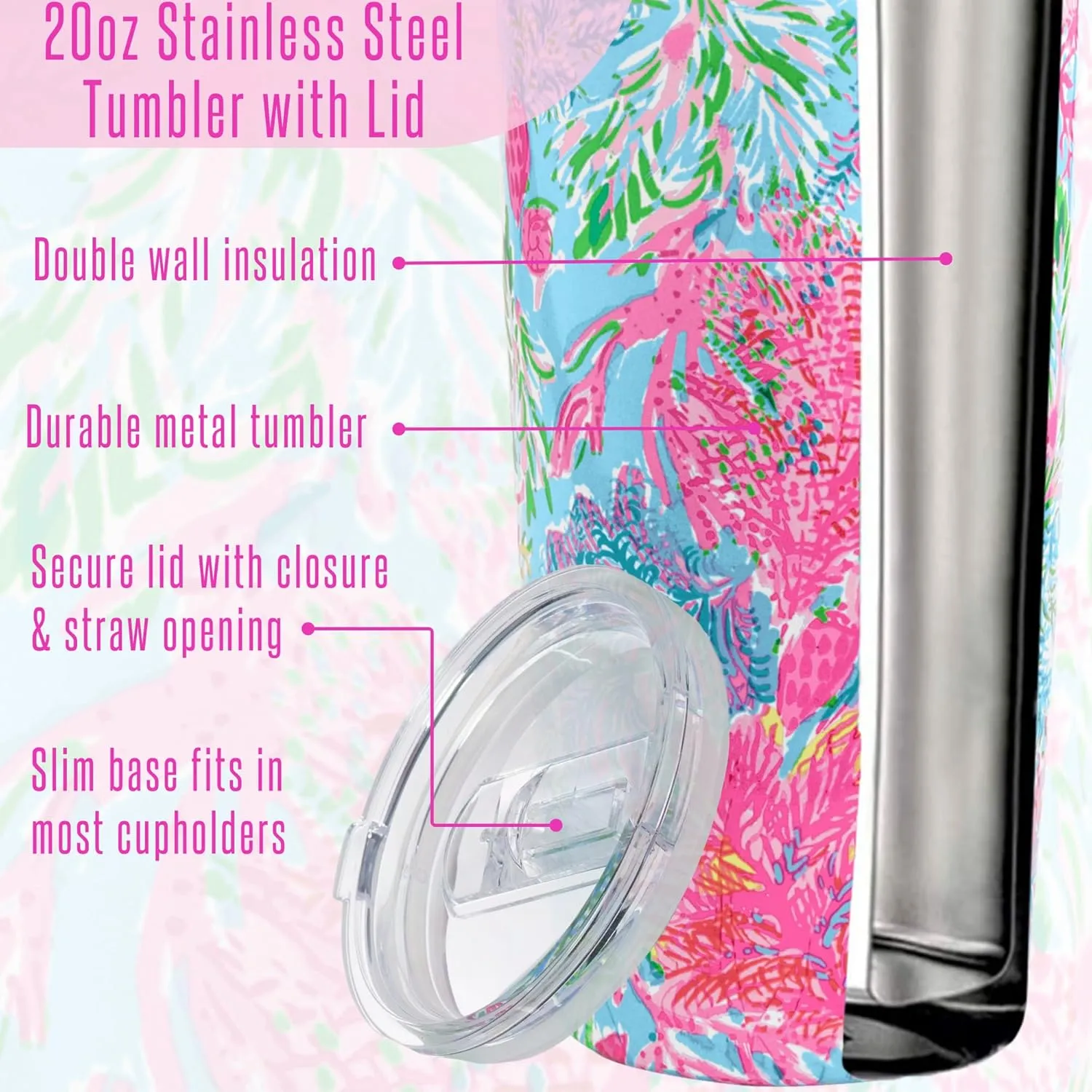Lilly Pulitzer 20 Oz Insulated Tumbler with Lid, Stainless Steel Mug, Double Wall Metal Tumbler for Hot and Cold Drinks, Cay to my Heart