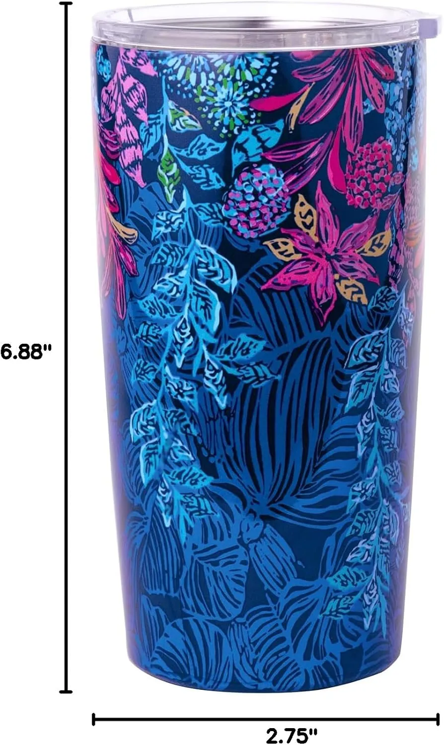 Lilly Pulitzer 20oz Insulated Tumbler with Lid, Stainless Steel Travel Cup, Blue Double Wall Metal Tumbler, Calypso Coast