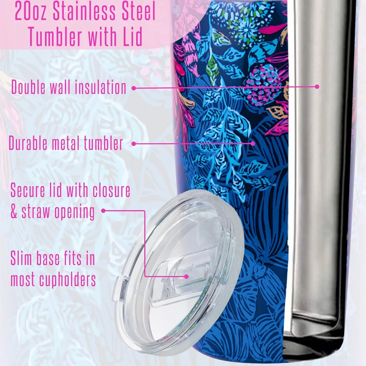 Lilly Pulitzer 20oz Insulated Tumbler with Lid, Stainless Steel Travel Cup, Blue Double Wall Metal Tumbler, Calypso Coast