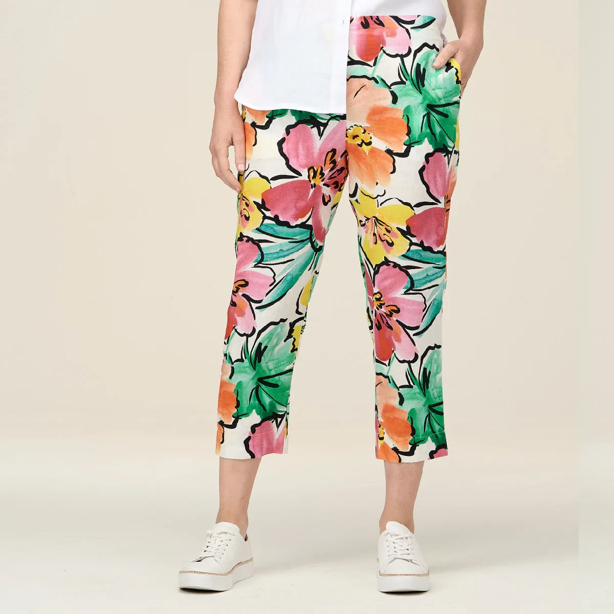 Linen Print 7/8 Flat Front Pants