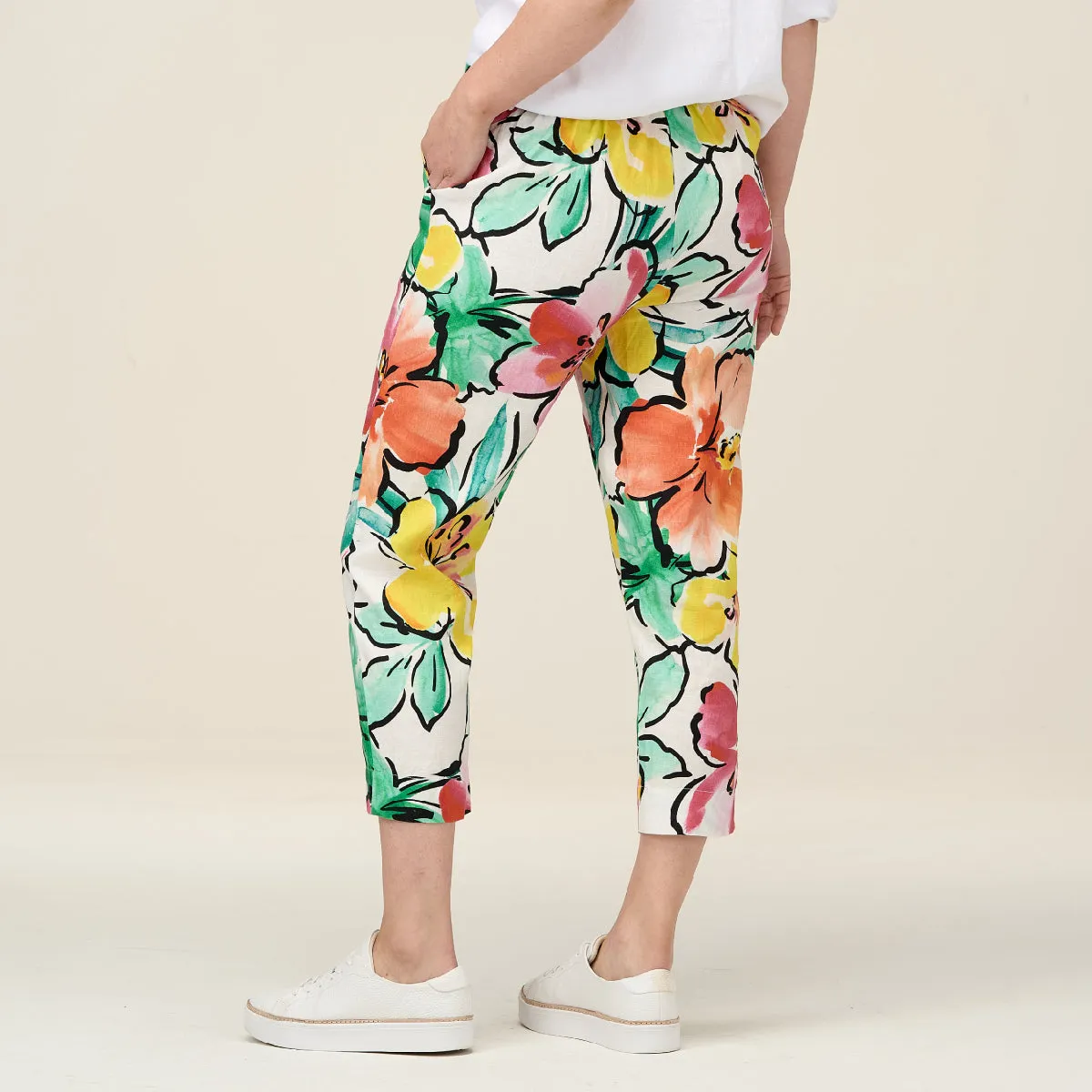 Linen Print 7/8 Flat Front Pants
