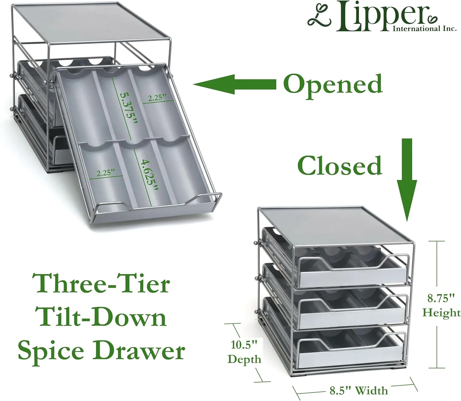 Lipper International Alloy Steel Three-Tier Tilt Down Kitchen and Cooking Spice Drawer, Silver/Gray, 8.75"D x 10.5"W x 8.75"H