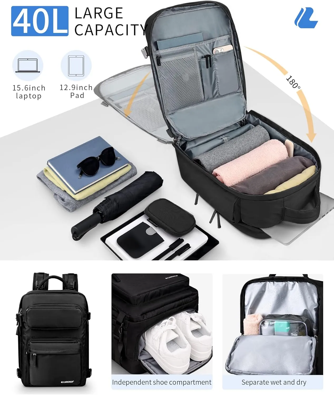 LIVACASA Waterproof Travel Backpack for Women, 40L Airline Approved Carry on Laptop Backpack with Compartment and USB Port