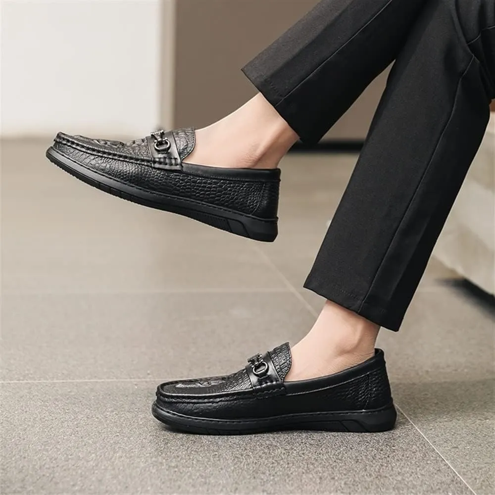 Loafers for Men Round Toe Moccasins Faux Crocodile Print PU Leather Flat Heel Lightweight Comfortable Party Casual Slip-on