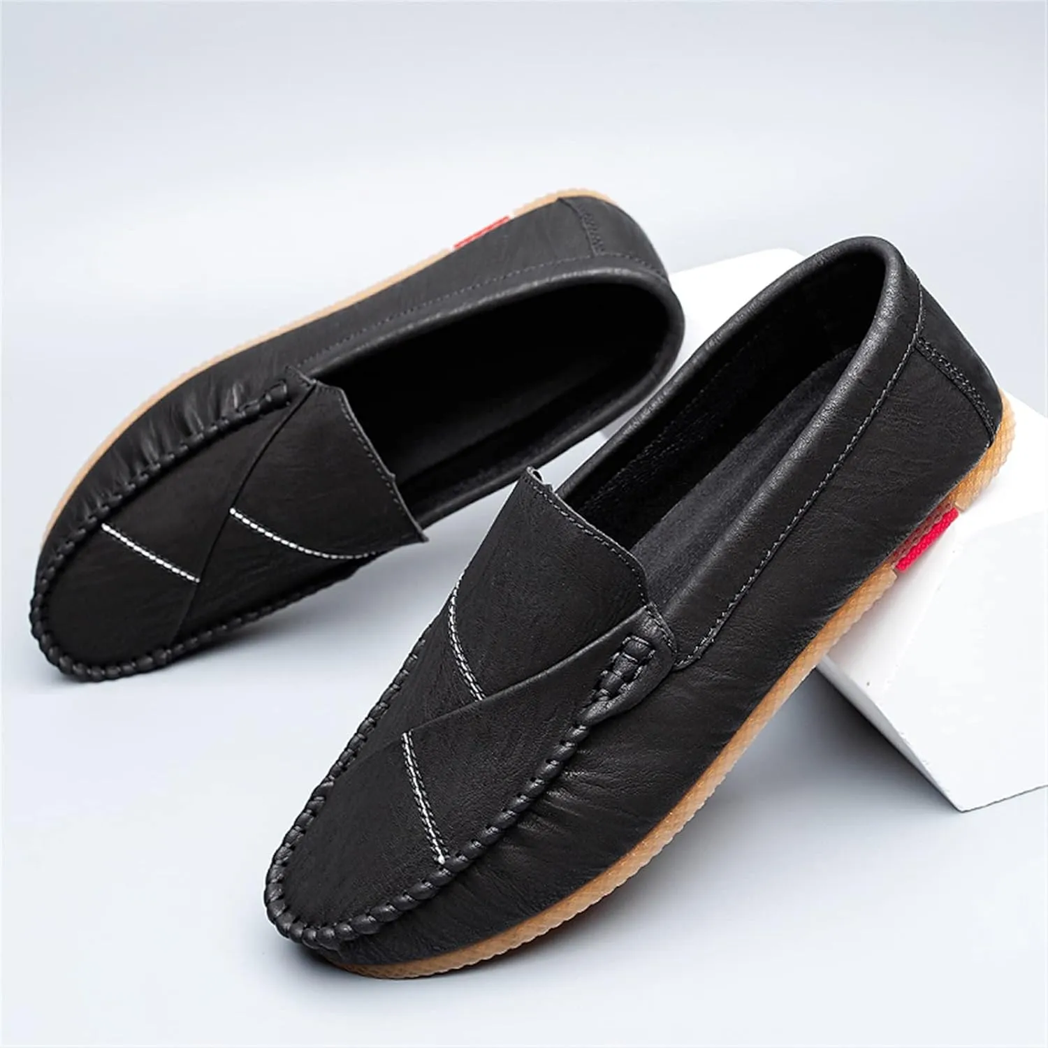 Loafers for Men Vegan Leather Stitching Details Round Toe Comfortable Anti-Slip Flat Heel Walking Slip-ons