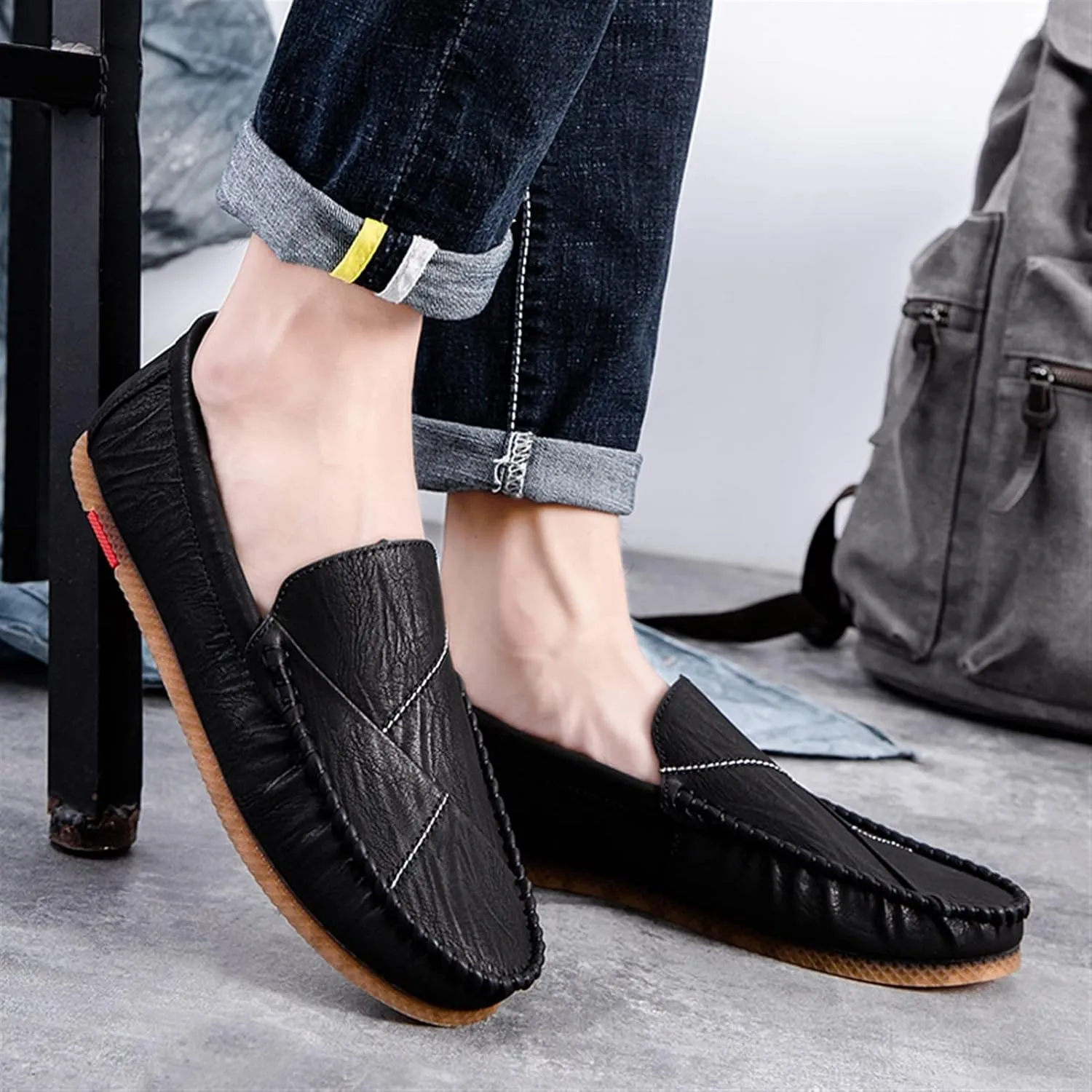 Loafers for Men Vegan Leather Stitching Details Round Toe Comfortable Anti-Slip Flat Heel Walking Slip-ons