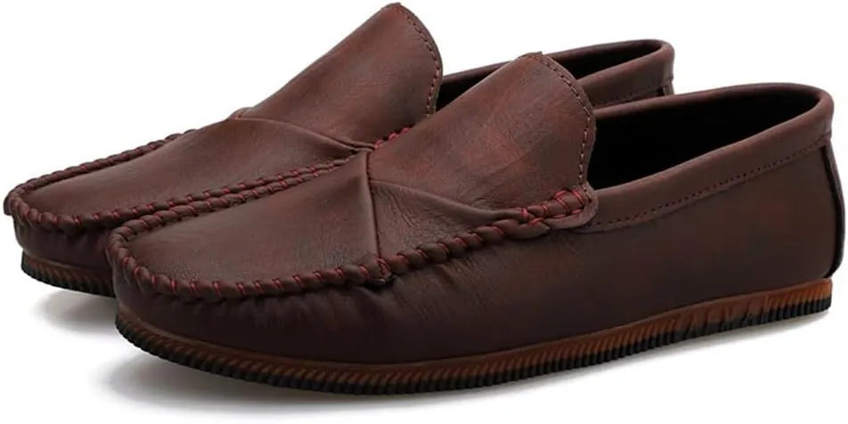 Loafers for Men Vegan Leather Stitching Details Round Toe Rubber Sole Flat Heel Flexible Comfortable Classic Outdoor Slip-on