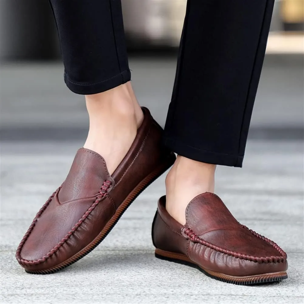 Loafers for Men Vegan Leather Stitching Details Round Toe Rubber Sole Flat Heel Flexible Comfortable Classic Outdoor Slip-on