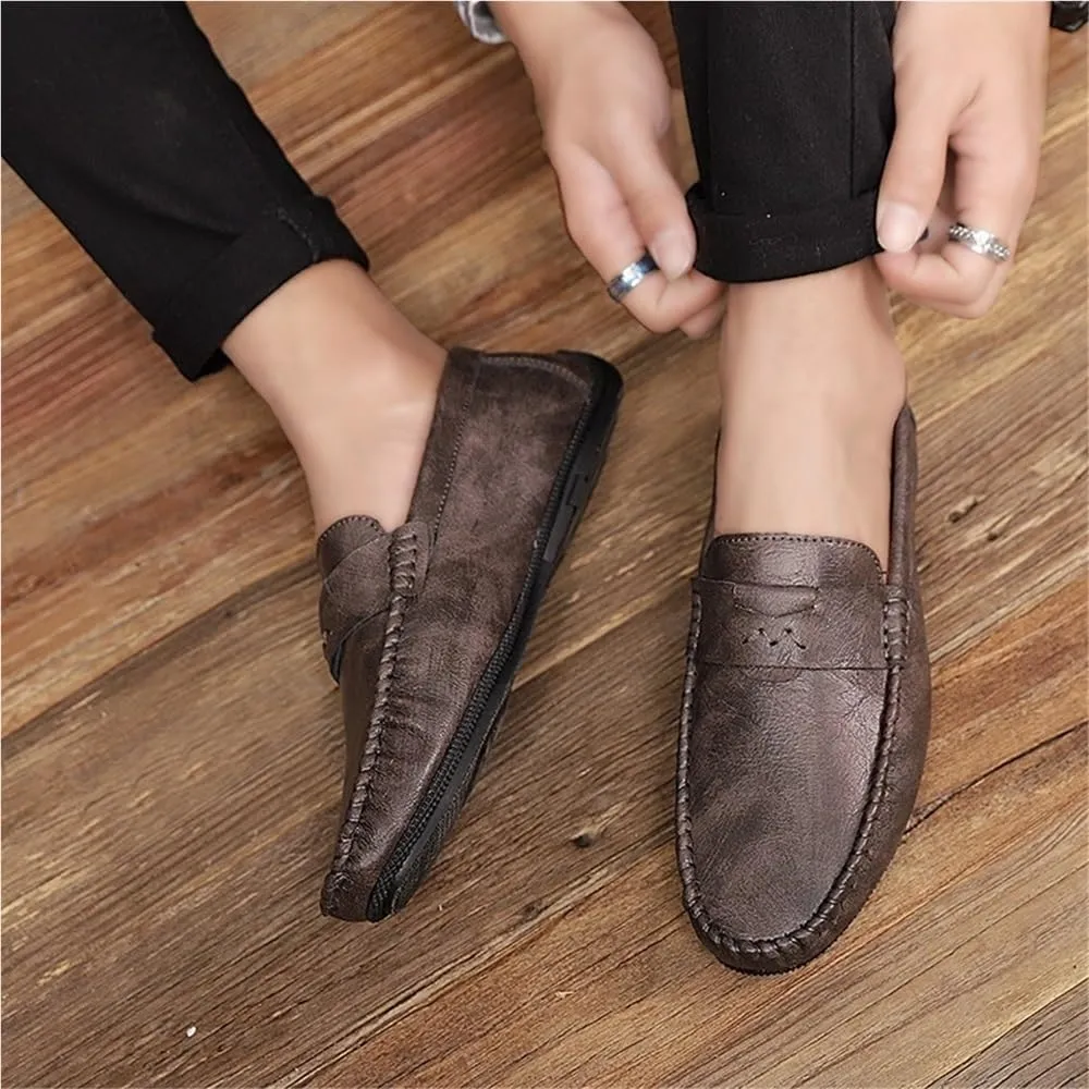 Loafers Shoes for Men Solid Color Round Toe Vegan Leather Comfortable Flexible Anti-Slip Walking Party Slip On