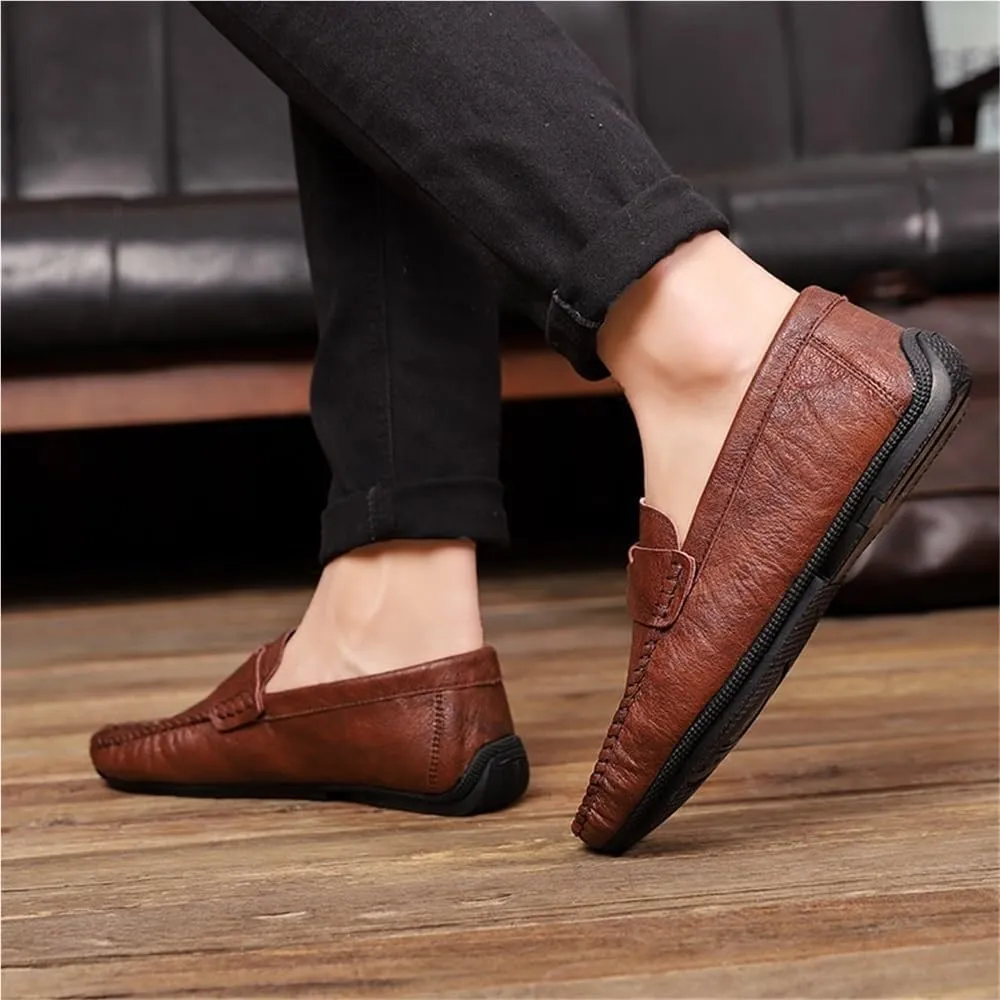 Loafers Shoes for Men Solid Color Round Toe Vegan Leather Comfortable Flexible Anti-Slip Walking Party Slip On