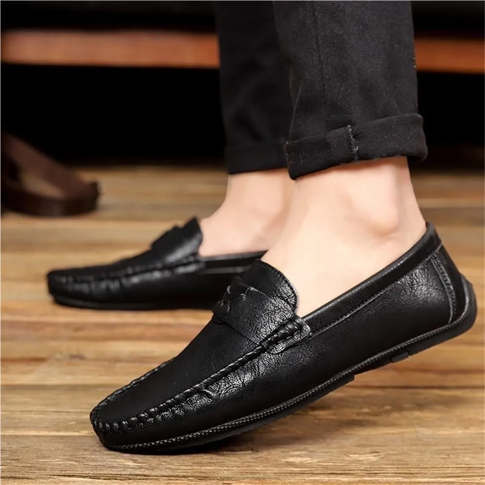 Loafers Shoes for Men Solid Color Round Toe Vegan Leather Comfortable Flexible Anti-Slip Walking Party Slip On