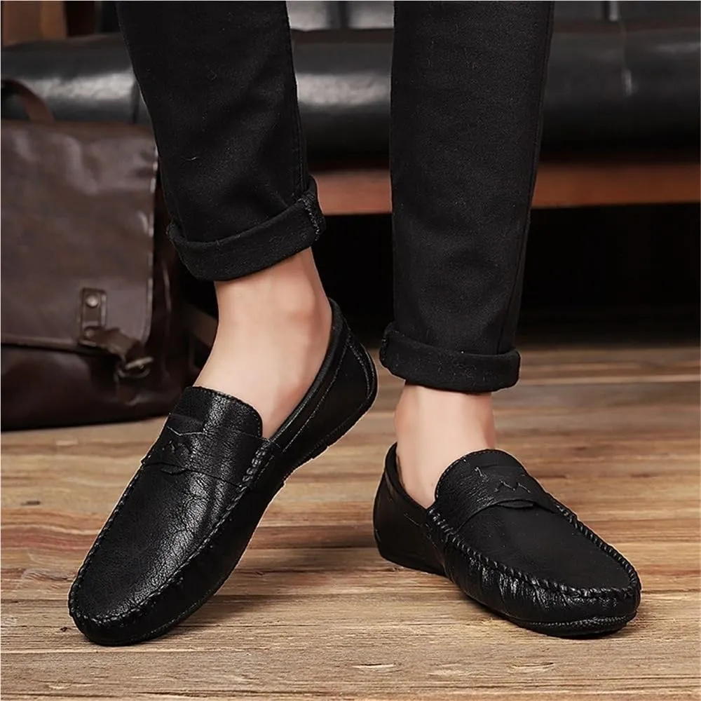 Loafers Shoes for Men Solid Color Round Toe Vegan Leather Comfortable Flexible Anti-Slip Walking Party Slip On
