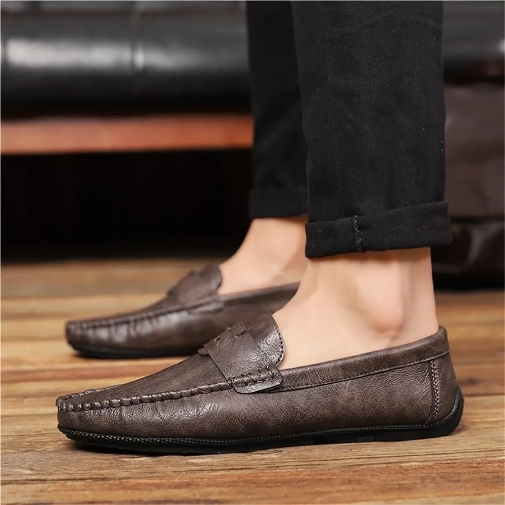 Loafers Shoes for Men Solid Color Round Toe Vegan Leather Comfortable Flexible Anti-Slip Walking Party Slip On