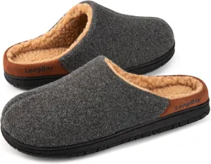 LongBay Men's Fuzzy Sherpa Lined Slippers Warm Memory Foam Non-slip Slippers Slip-on House Shoes for Indoor Outdoor