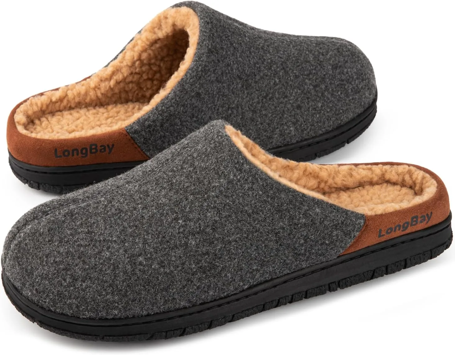 LongBay Men's Fuzzy Sherpa Lined Slippers Warm Memory Foam Non-slip Slippers Slip-on House Shoes for Indoor Outdoor