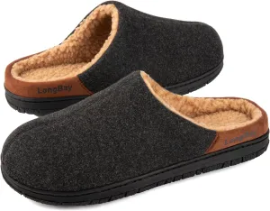 LongBay Men's Fuzzy Sherpa Lined Slippers Warm Memory Foam Non-slip Slippers Slip-on House Shoes for Indoor Outdoor