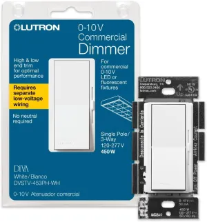 Lutron Diva 0-10V Dimmer Switch for LED Drivers or Fluorescent Ballasts, Single Pole / 3 Way, DVSTV-453P-WH, White