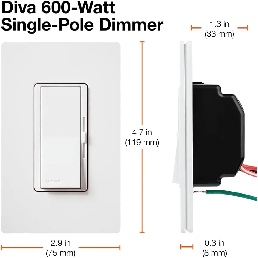 Lutron Diva Dimmer Switch for Incandescent Bulbs, 600-Watt/Single-Pole, DV-600P-BL, Black