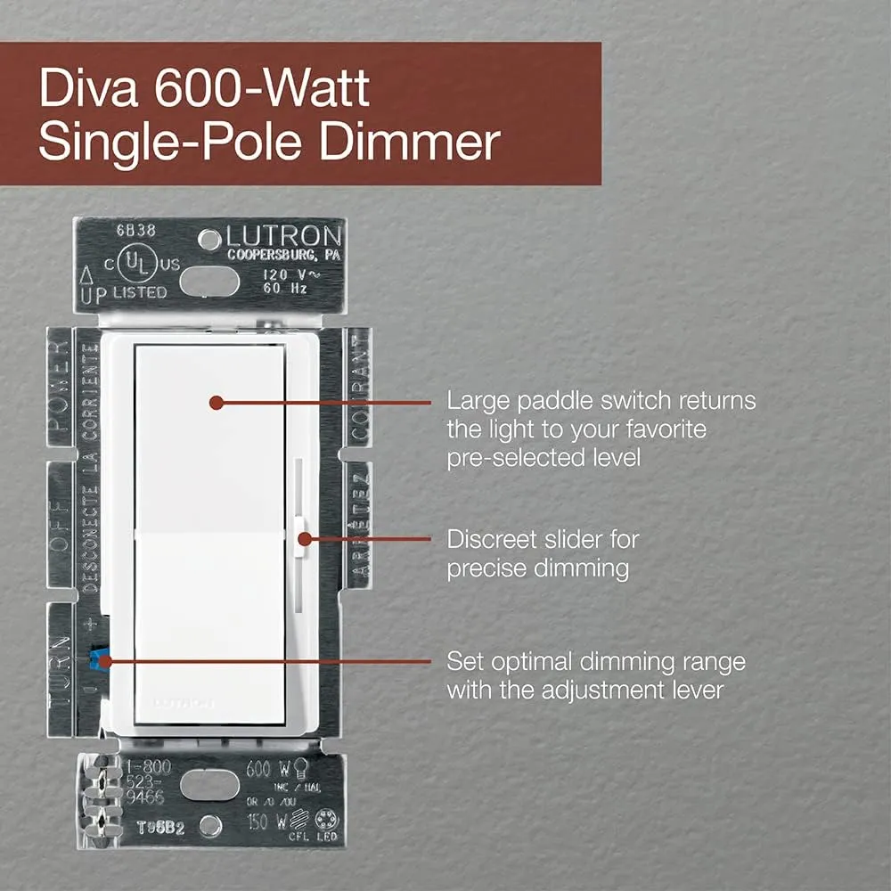 Lutron Diva Dimmer Switch for Incandescent Bulbs, 600-Watt/Single-Pole, DV-600P-BL, Black