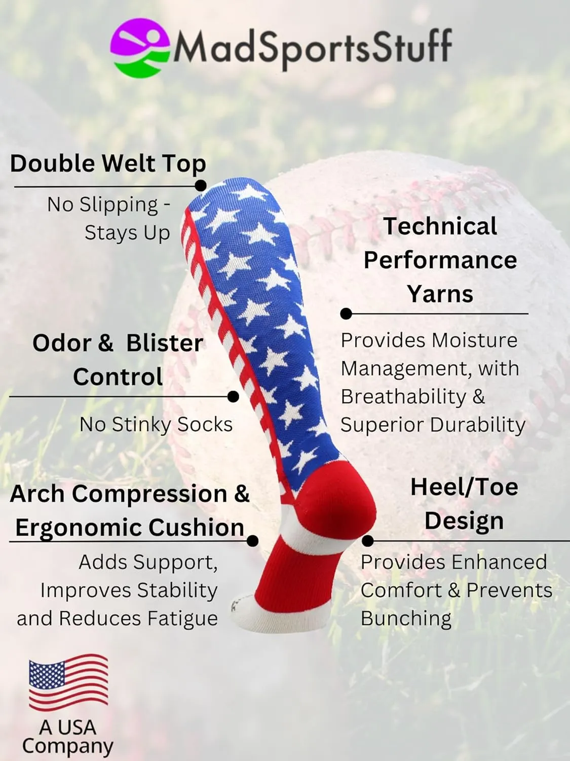 MadSportsStuff USA American Flag Stars and Stripes Socks for Baseball Softball Football Youth and Adult Boys Girls Men Women