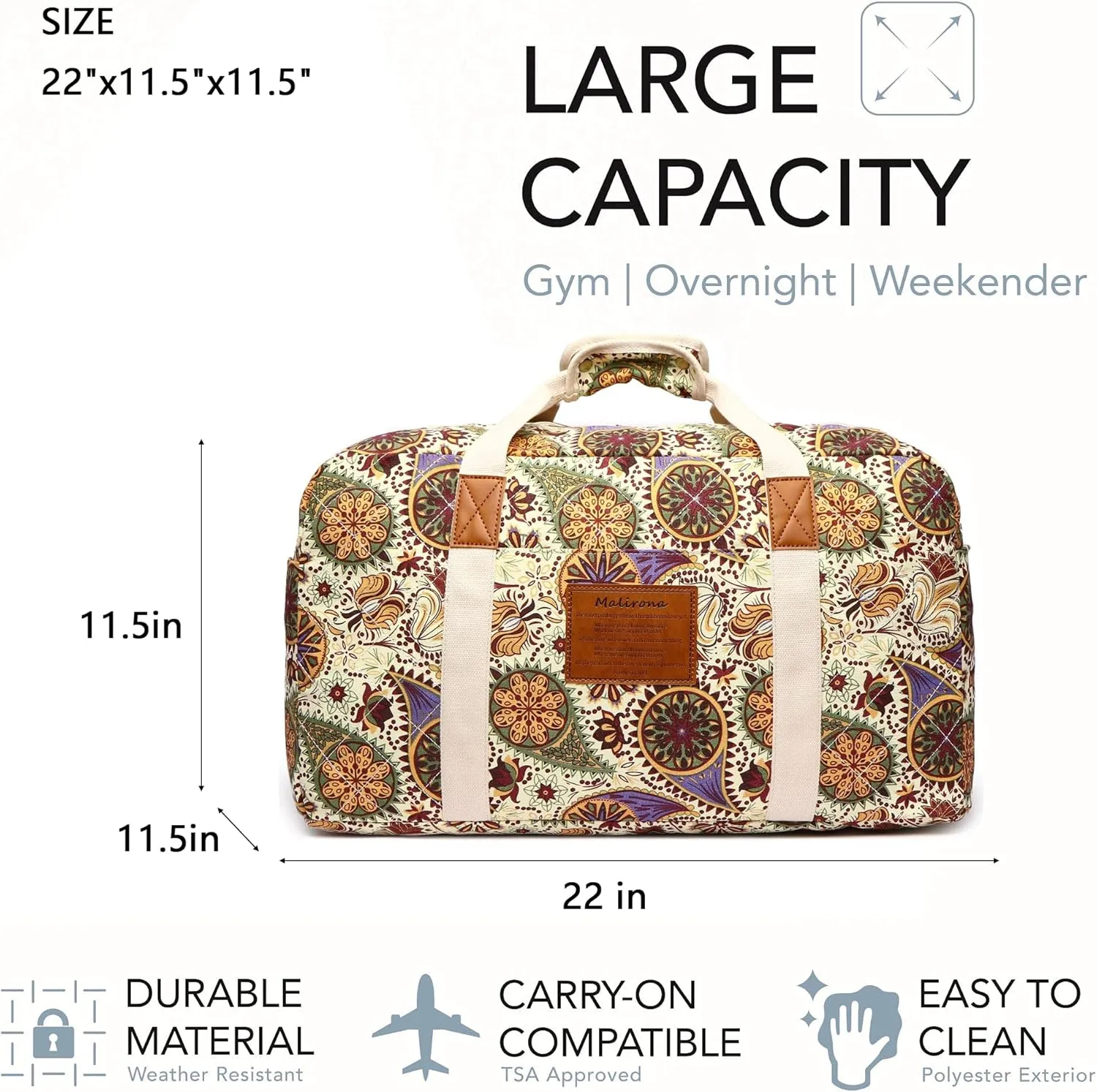 Malirona 22"Canvas Weekender Overnight Bags Travel Duffel Bag Carry On Bag for Women and Girls (Yellow Flower)