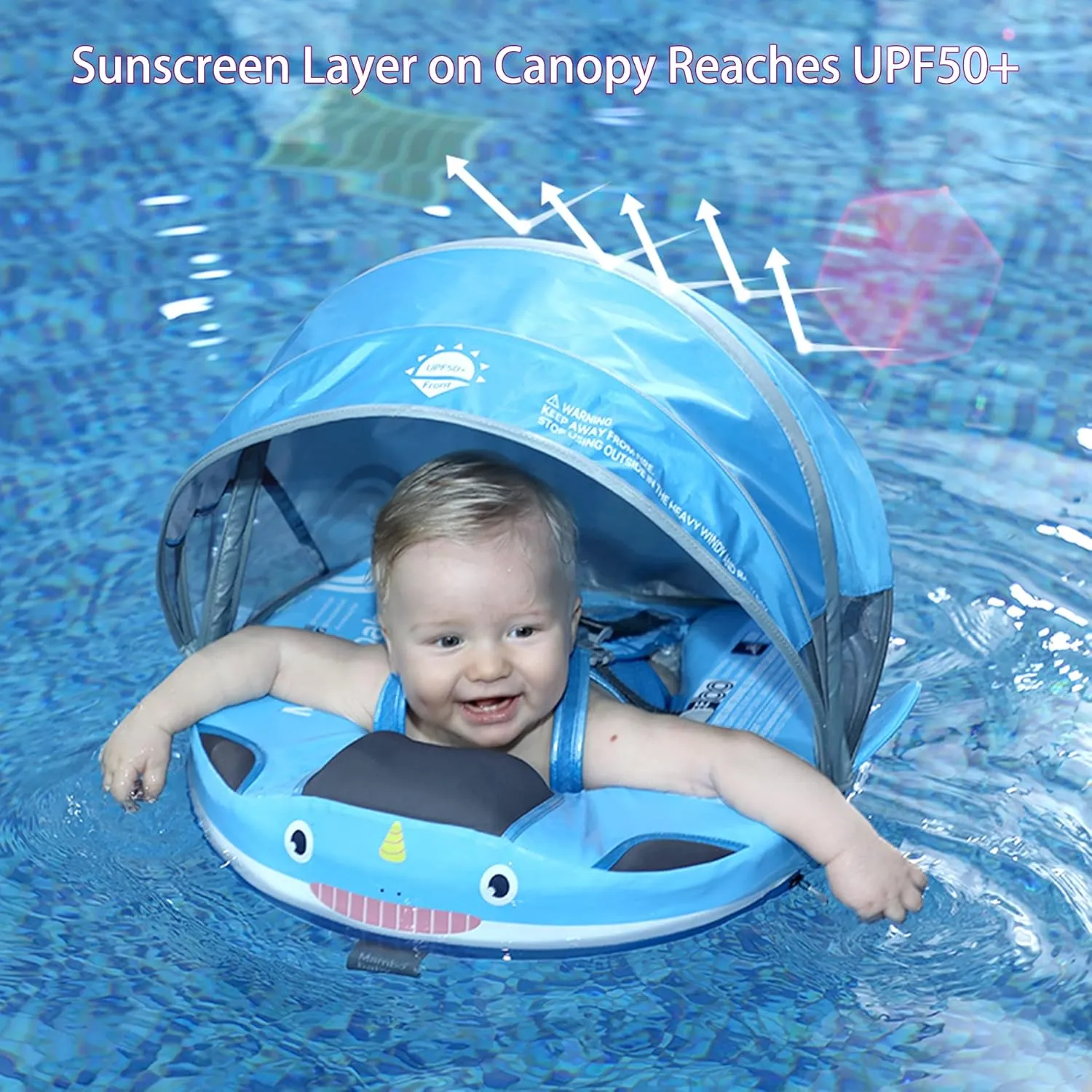 Mambobaby Floats with Canopy &Tail, Non-Inflatable Baby Float for Pool Add Tail Avoid Flip Swim Trainer Baby Floats for Toddler Boys Girls(Narwhal-Blue)