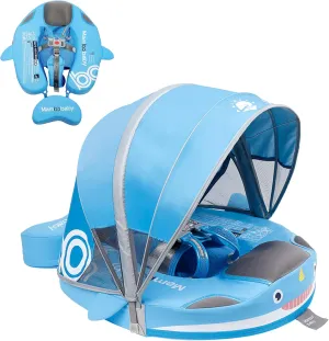 Mambobaby Floats with Canopy &Tail, Non-Inflatable Baby Float for Pool Add Tail Avoid Flip Swim Trainer Baby Floats for Toddler Boys Girls(Narwhal-Blue)