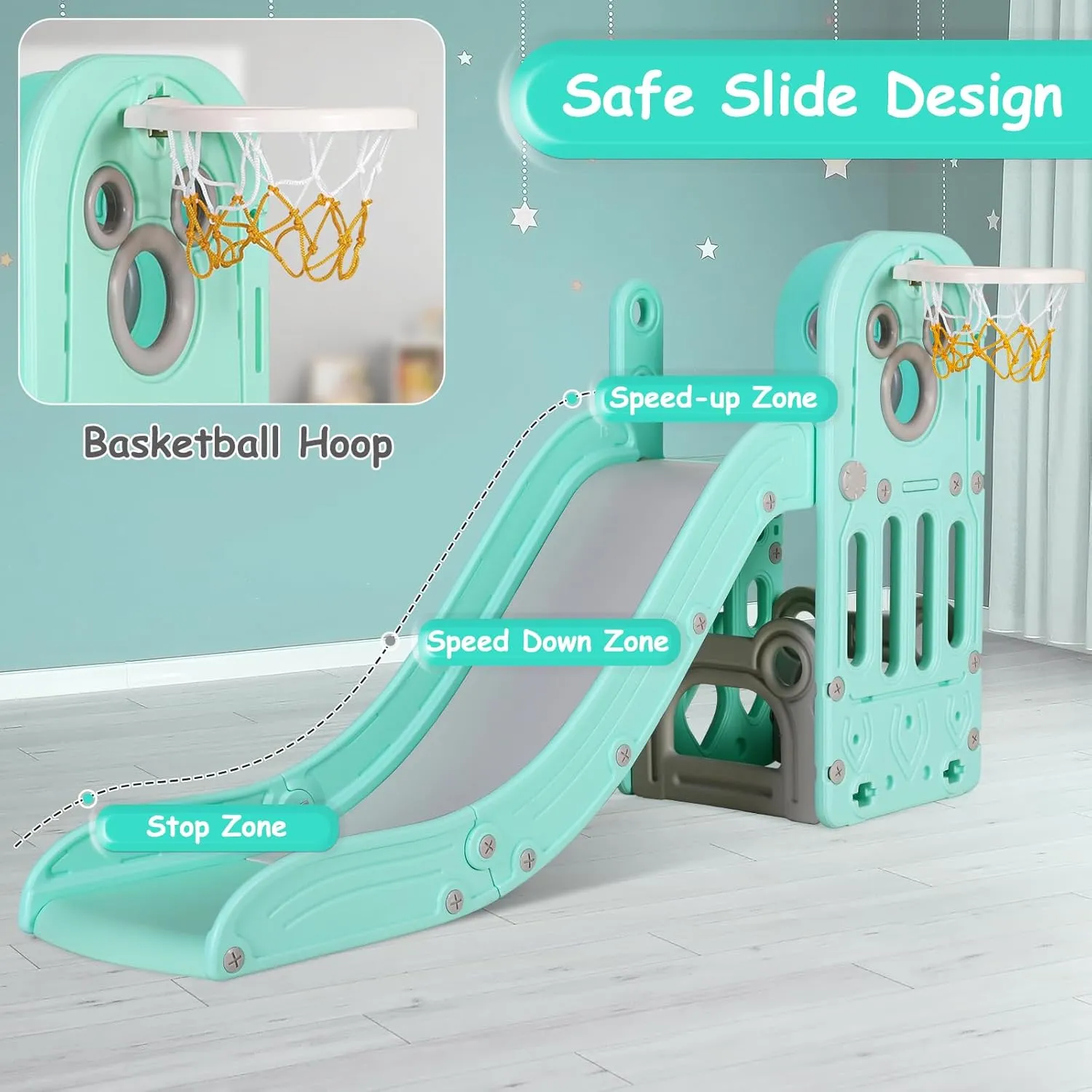 MAMIZO 5 in 1 Toddlers Slide Set, Kids Slides w/Climber, Storage, Basketball Hoop, Ball, Suction Cup Reinforced Base, Indoor Outdoor Playground Slide Playset Kids Age 3  (Green)
