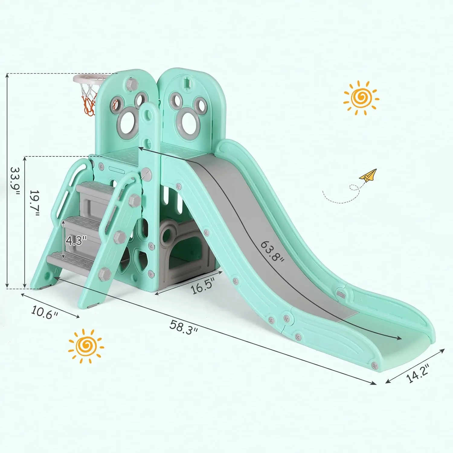 MAMIZO 5 in 1 Toddlers Slide Set, Kids Slides w/Climber, Storage, Basketball Hoop, Ball, Suction Cup Reinforced Base, Indoor Outdoor Playground Slide Playset Kids Age 3  (Green)