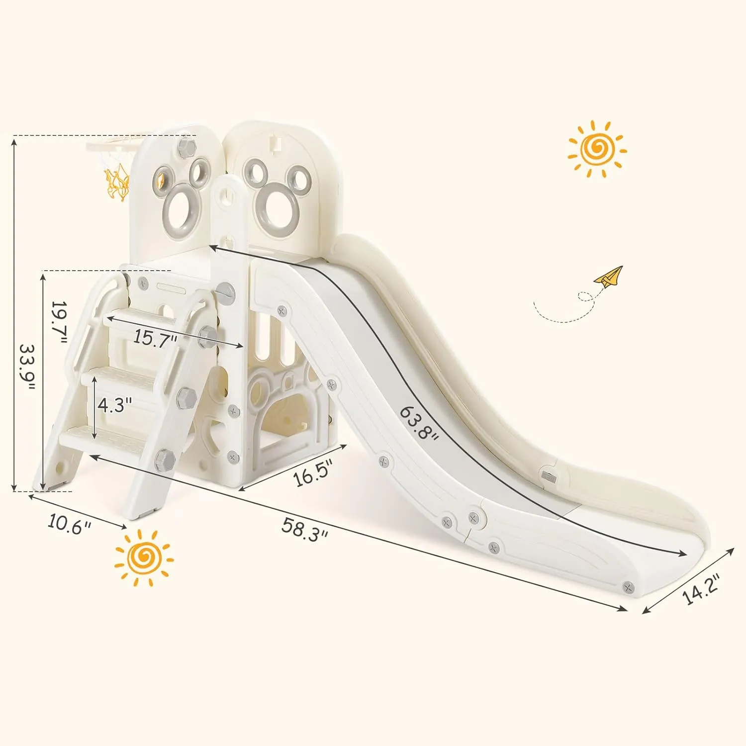 MAMIZO 5 in 1 Toddlers Slide Set, Kids Slides w/Climber, Storage, Basketball Hoop, Ball, Suction Cup Reinforced Base, Indoor Outdoor Playground Slide Playset Kids Age 3  (White)