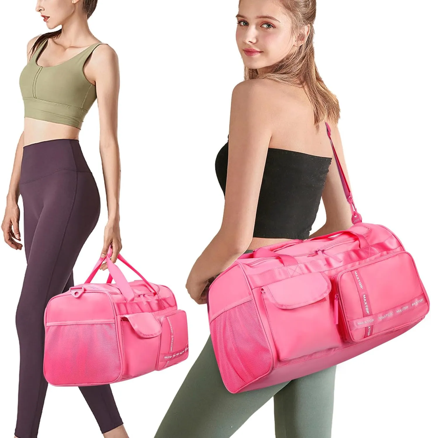 MAXTOP Hot Pink Gym Bag for Women Dance Fitness Tote Workout Duffle Bag with Dry and Wet Separation Overnight Bag for Yoga Travel Weekend