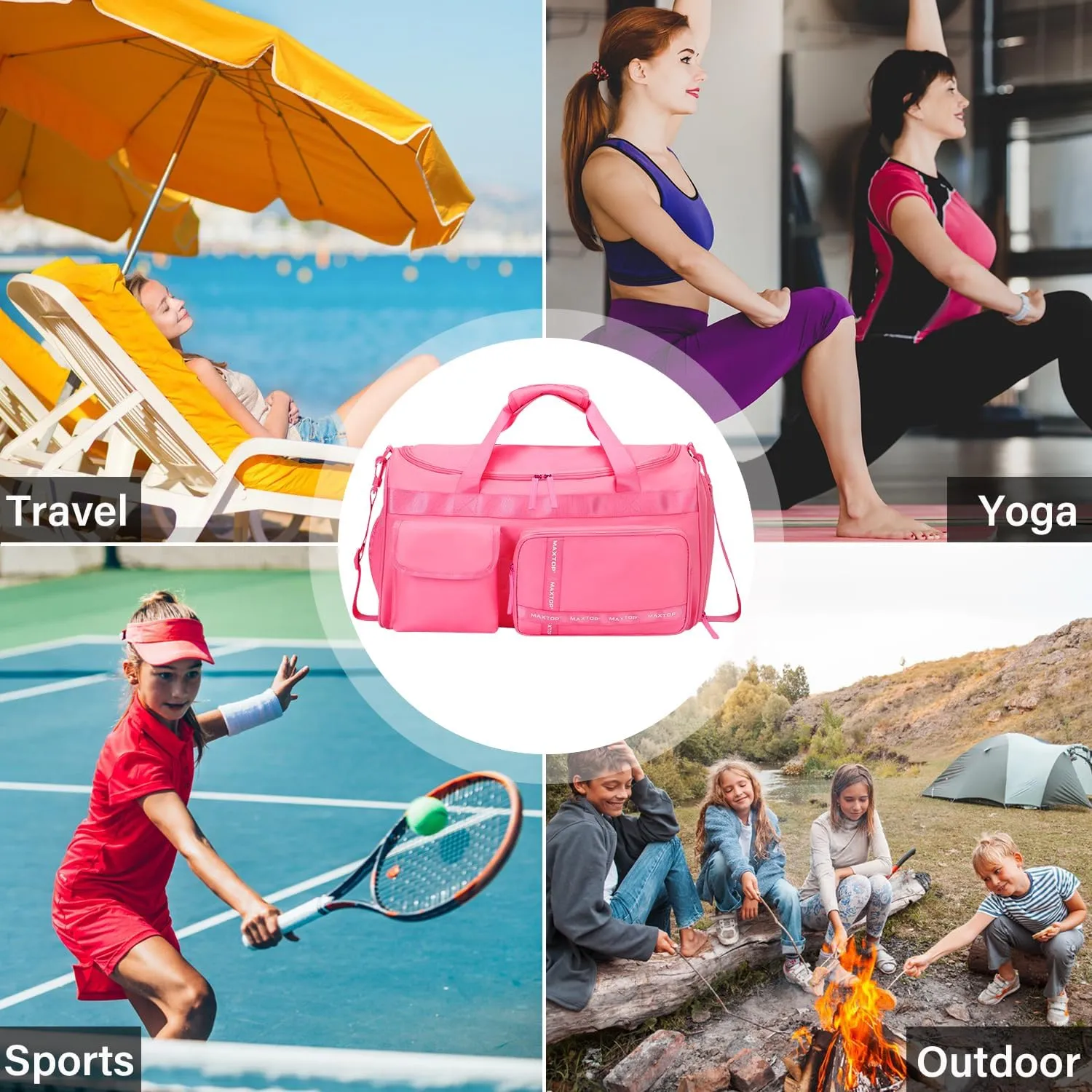 MAXTOP Hot Pink Gym Bag for Women Dance Fitness Tote Workout Duffle Bag with Dry and Wet Separation Overnight Bag for Yoga Travel Weekend