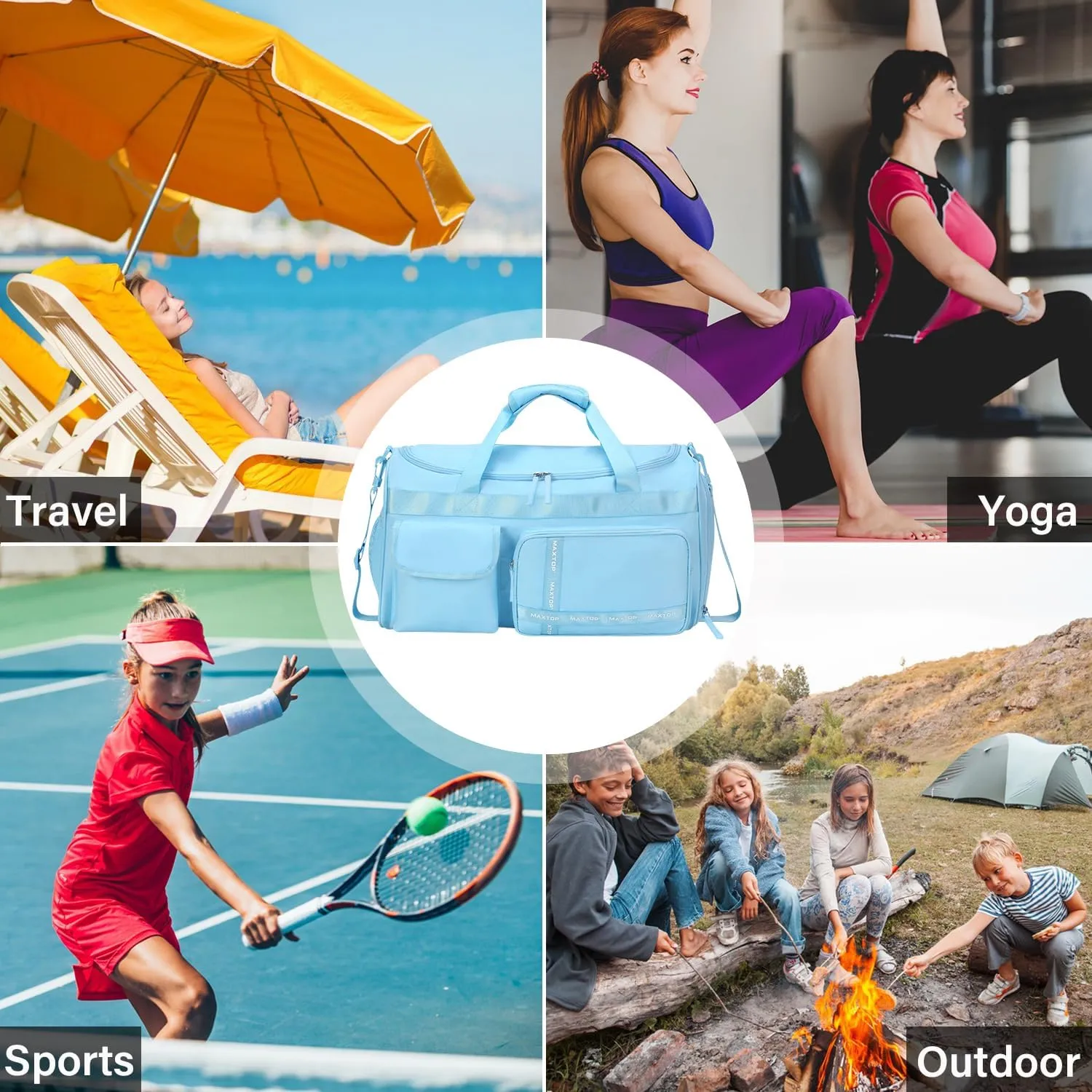 MAXTOP Light Blue Gym Bag Water Resistant Travel Duffel Bag with Dry Wet Separated Pocket Travel Essential Tote Duffle Bag for Yoga Beach Sports Gear Storage