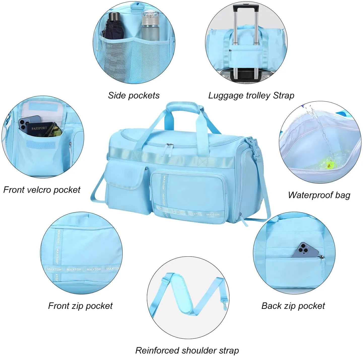 MAXTOP Light Blue Gym Bag Water Resistant Travel Duffel Bag with Dry Wet Separated Pocket Travel Essential Tote Duffle Bag for Yoga Beach Sports Gear Storage