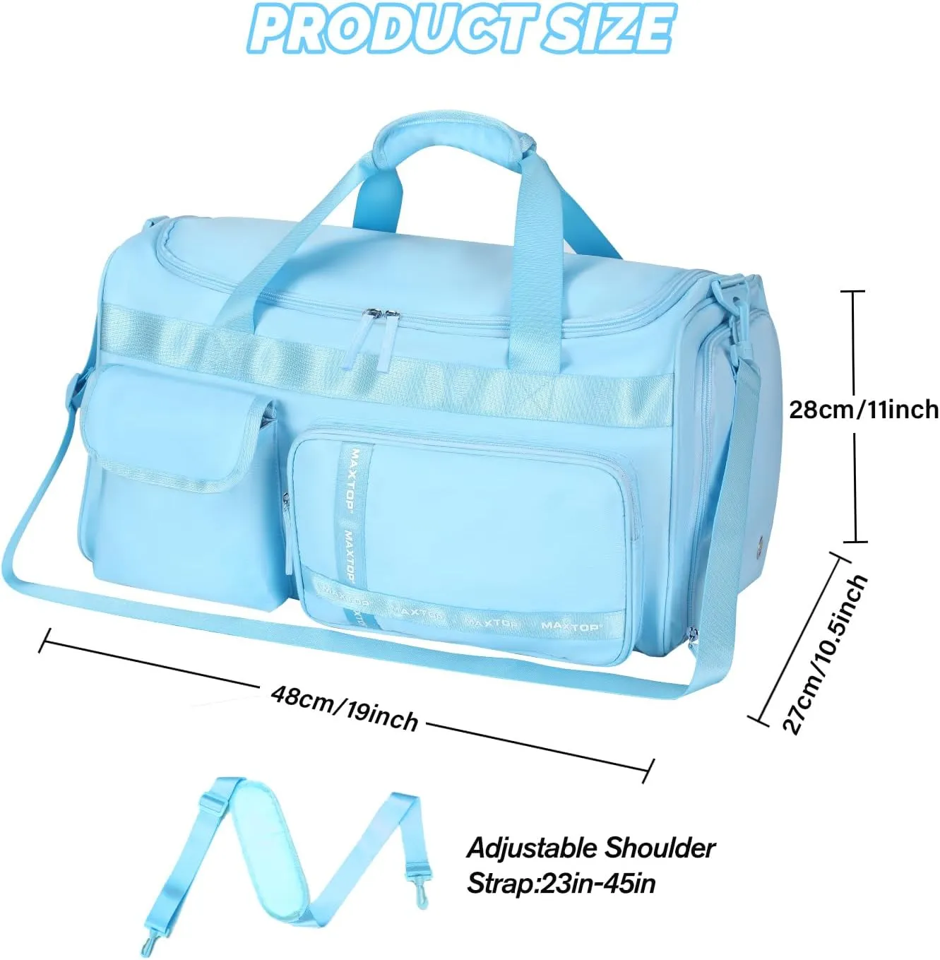 MAXTOP Light Blue Gym Bag Water Resistant Travel Duffel Bag with Dry Wet Separated Pocket Travel Essential Tote Duffle Bag for Yoga Beach Sports Gear Storage