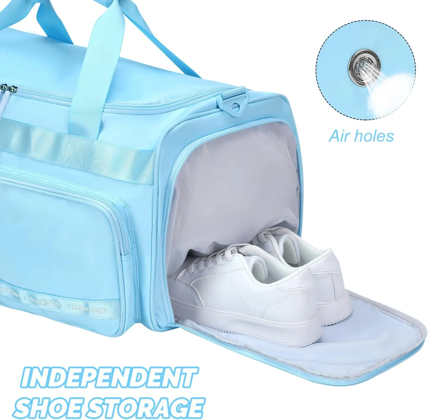 MAXTOP Light Blue Gym Bag Water Resistant Travel Duffel Bag with Dry Wet Separated Pocket Travel Essential Tote Duffle Bag for Yoga Beach Sports Gear Storage