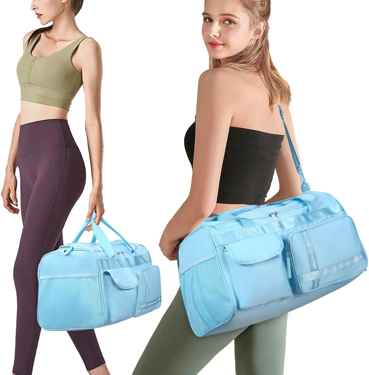MAXTOP Light Blue Gym Bag Water Resistant Travel Duffel Bag with Dry Wet Separated Pocket Travel Essential Tote Duffle Bag for Yoga Beach Sports Gear Storage