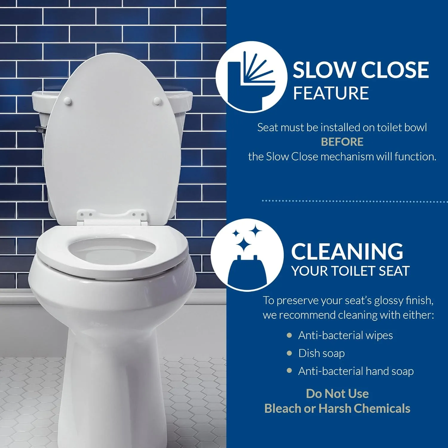 Mayfair Cassel Slow Close Toilet Seat, Easy Clean, Non Slip Premium Wood Seat, Easy Install, Made in USA, Elongated, White