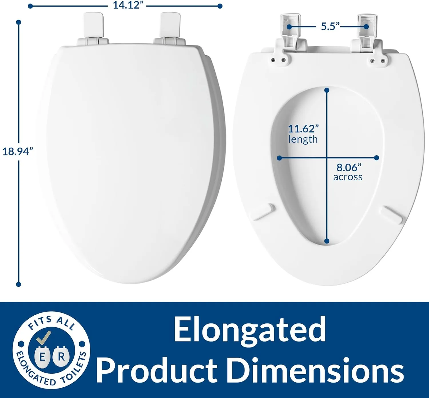 Mayfair Cassel Slow Close Toilet Seat, Easy Clean, Non Slip Premium Wood Seat, Easy Install, Made in USA, Elongated, White