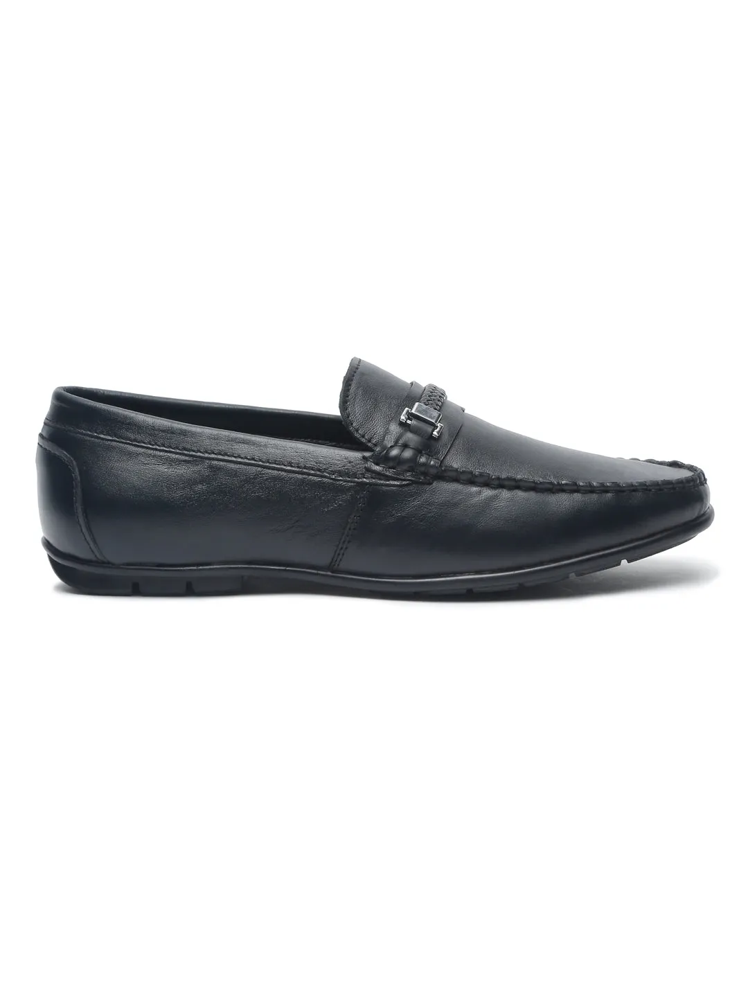 Men Black Solid Leather Formal Slip-On